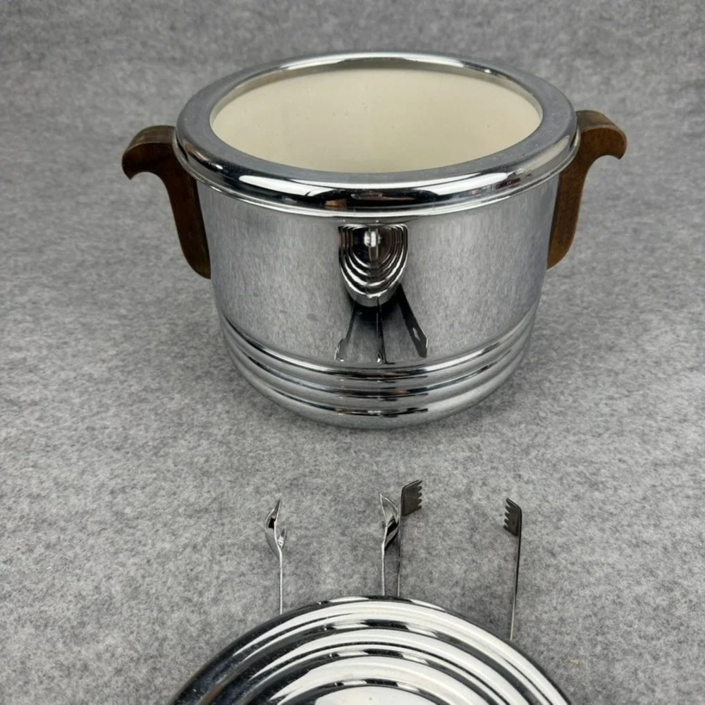 Vintage Keystone Chrome Ice Bucket Wood Handles Lid 2 Tongs Insulated Barware